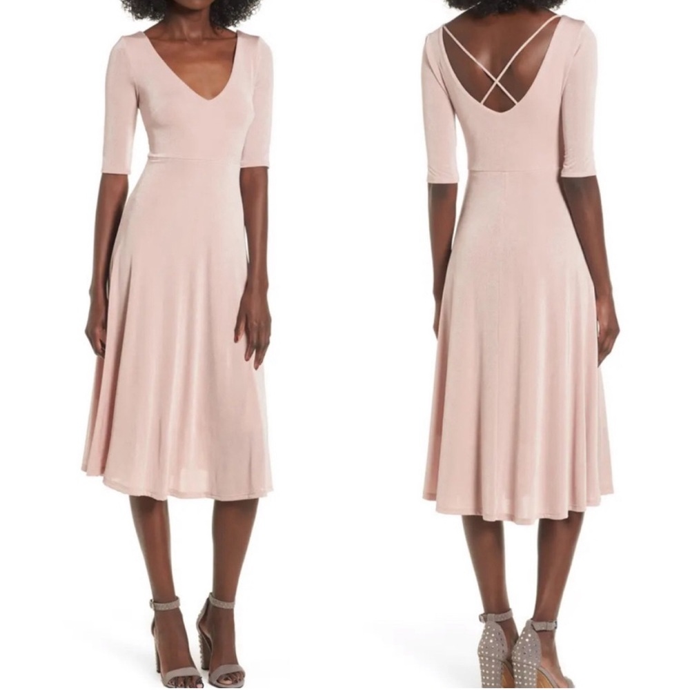 3/$20 ASTR Womens The Label Shine V-Neck Cross Back Midi Dress Pink Small